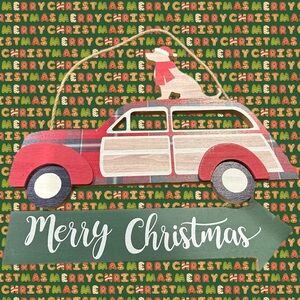 "Merry Christmas" Red Plaid Hanging Station Wagon & Dog Plaque 12x10 Big Lots